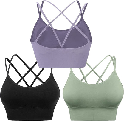Cross Back Sports Bras for Women Strappy Padded Longline Workout Yoga Bra Cropped Set Low Impact ③3 Pack-black Green Purple / X-Large
