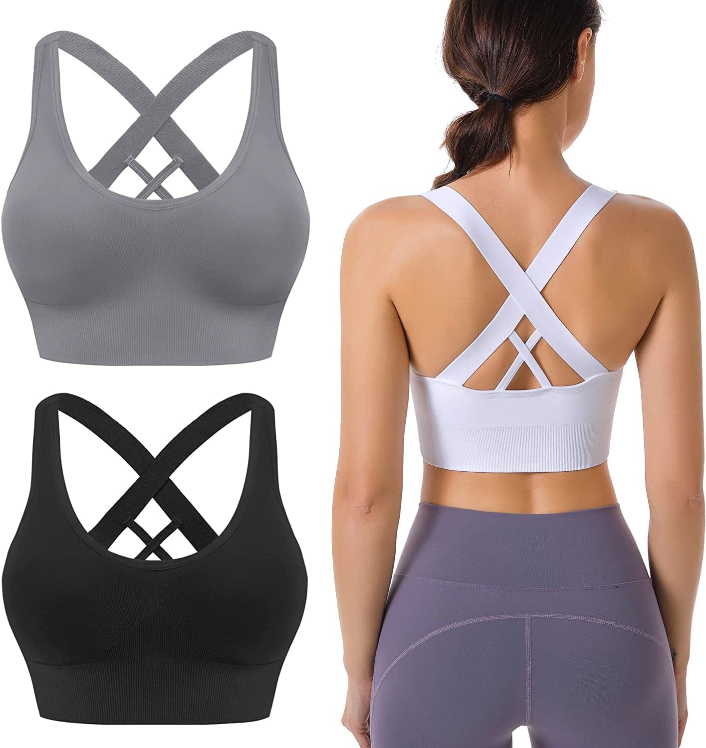 Cross Back Sports Bras for Women Strappy Padded Longline Workout Yoga Bra Cropped Set Low Impact Black White Gray 3 Pack (Wide Straps) / Large