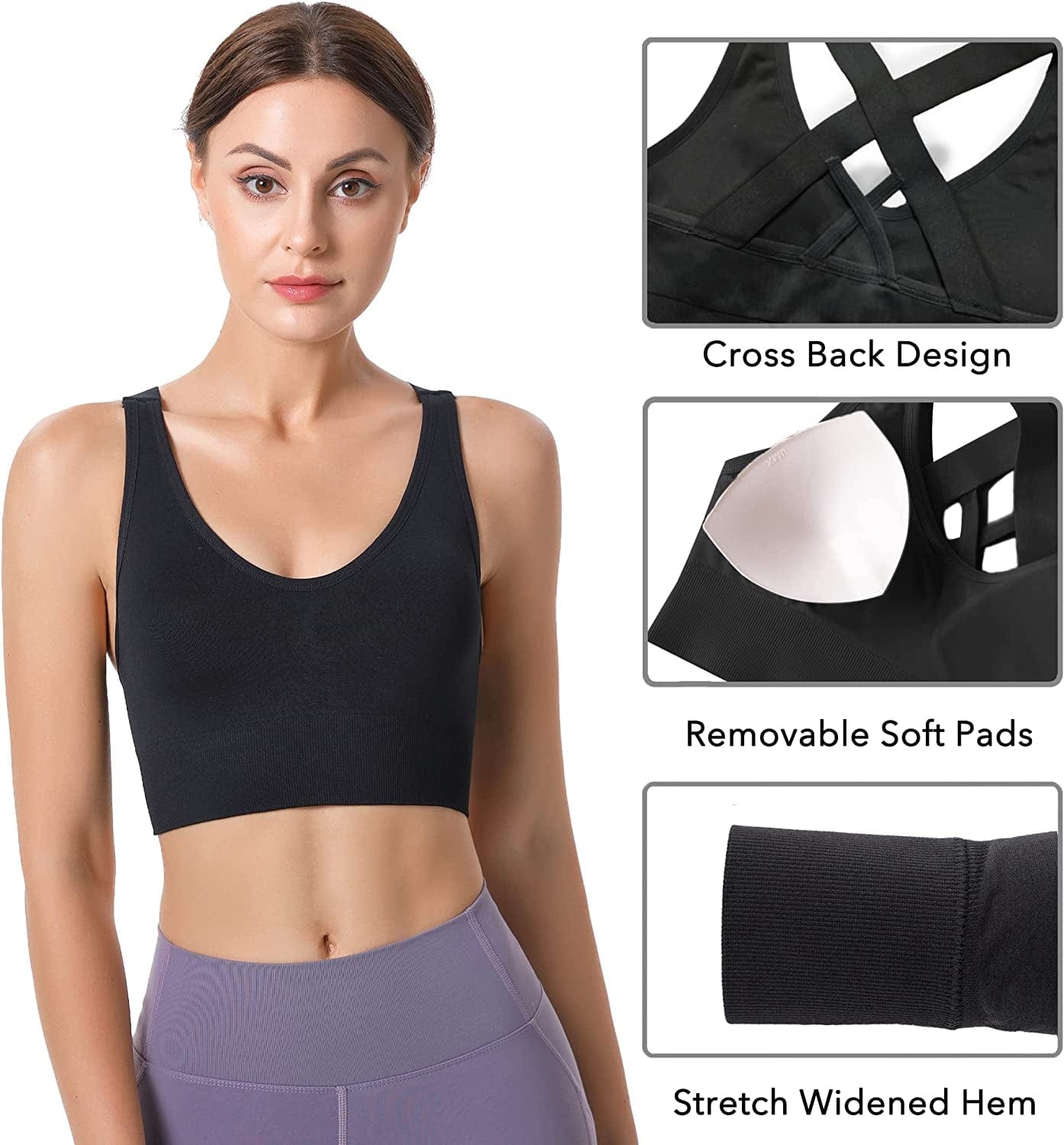 Cross Back Sports Bras for Women Strappy Padded Longline Workout Yoga Bra Cropped Set Low Impact