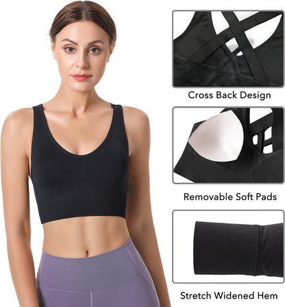 Cross Back Sports Bras for Women Strappy Padded Longline Workout Yoga Bra Cropped Set Low Impact