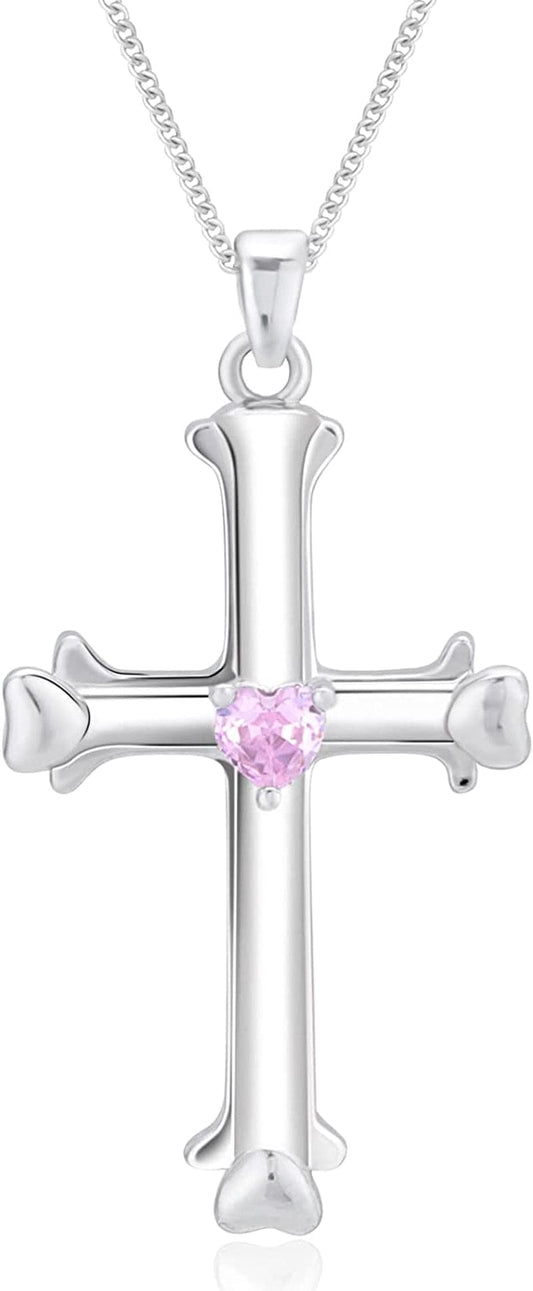 Cross Necklace for Women Dainty Faith Cross Pendant Necklace with Birthstone Birthday Anniversary Jewelry for Mom Girls Heart Birthstone-Power