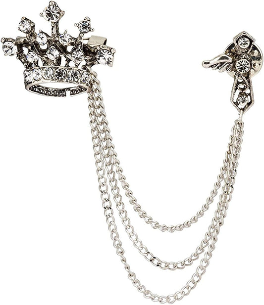 Crown Tassel Chain Brooch Lapel Pin Badge Coat Suit Collar Accessories Brooch for Men