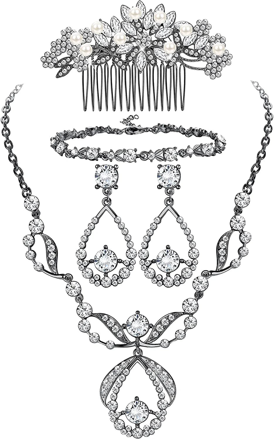 Crystal Bridal Jewelry Set for Prom Wedding Bride Bridesmaids Vintage Rhinestone Necklace Earrings Bracelet Comb for Women F:Black