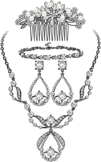 Crystal Bridal Jewelry Set for Prom Wedding Bride Bridesmaids Vintage Rhinestone Necklace Earrings Bracelet Comb for Women F:Black
