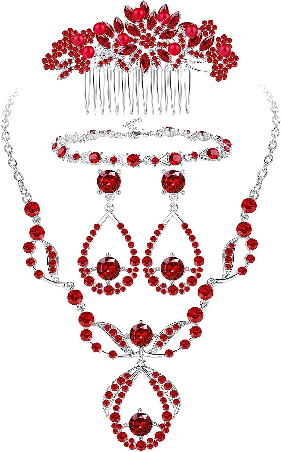 Crystal Bridal Jewelry Set for Prom Wedding Bride Bridesmaids Vintage Rhinestone Necklace Earrings Bracelet Comb for Women D:Red