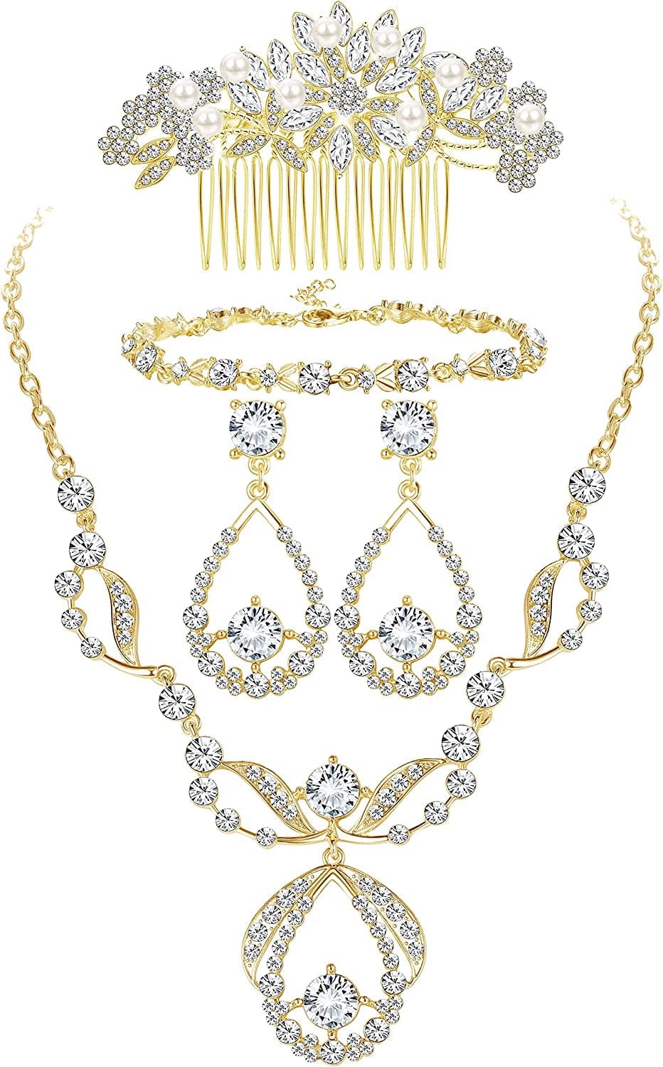 Crystal Bridal Jewelry Set for Prom Wedding Bride Bridesmaids Vintage Rhinestone Necklace Earrings Bracelet Comb for Women C:Gold Tone
