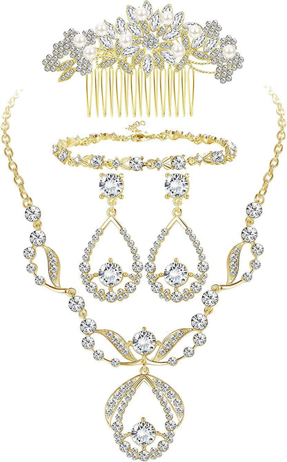 Crystal Bridal Jewelry Set for Prom Wedding Bride Bridesmaids Vintage Rhinestone Necklace Earrings Bracelet Comb for Women C:Gold Tone
