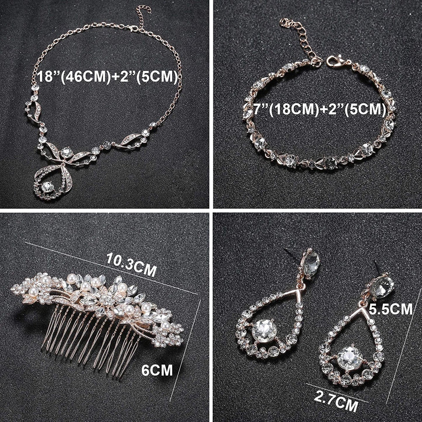 Crystal Bridal Jewelry Set for Prom Wedding Bride Bridesmaids Vintage Rhinestone Necklace Earrings Bracelet Comb for Women