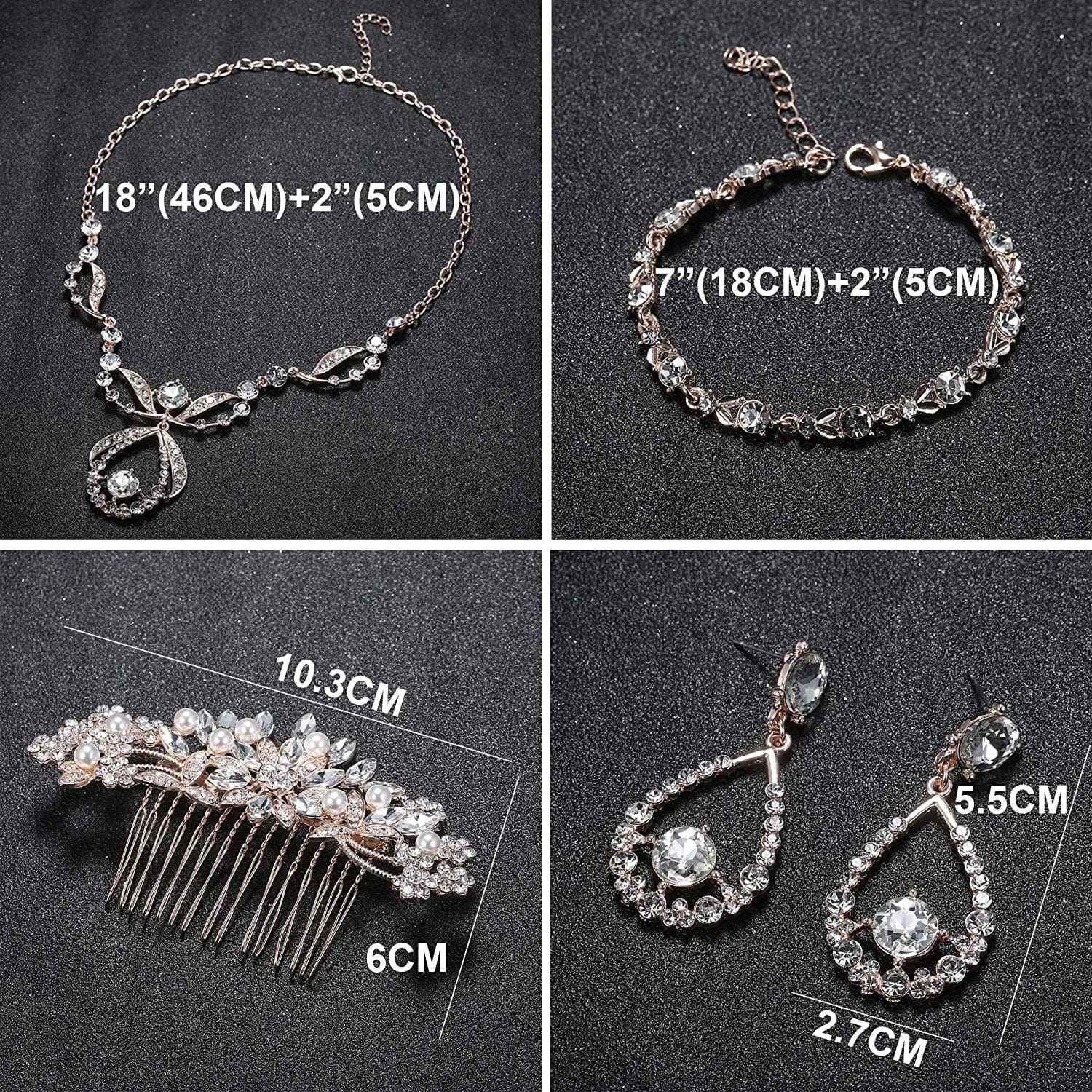 Crystal Bridal Jewelry Set for Prom Wedding Bride Bridesmaids Vintage Rhinestone Necklace Earrings Bracelet Comb for Women