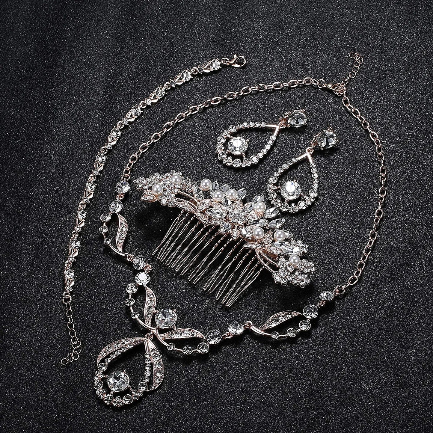 Crystal Bridal Jewelry Set for Prom Wedding Bride Bridesmaids Vintage Rhinestone Necklace Earrings Bracelet Comb for Women