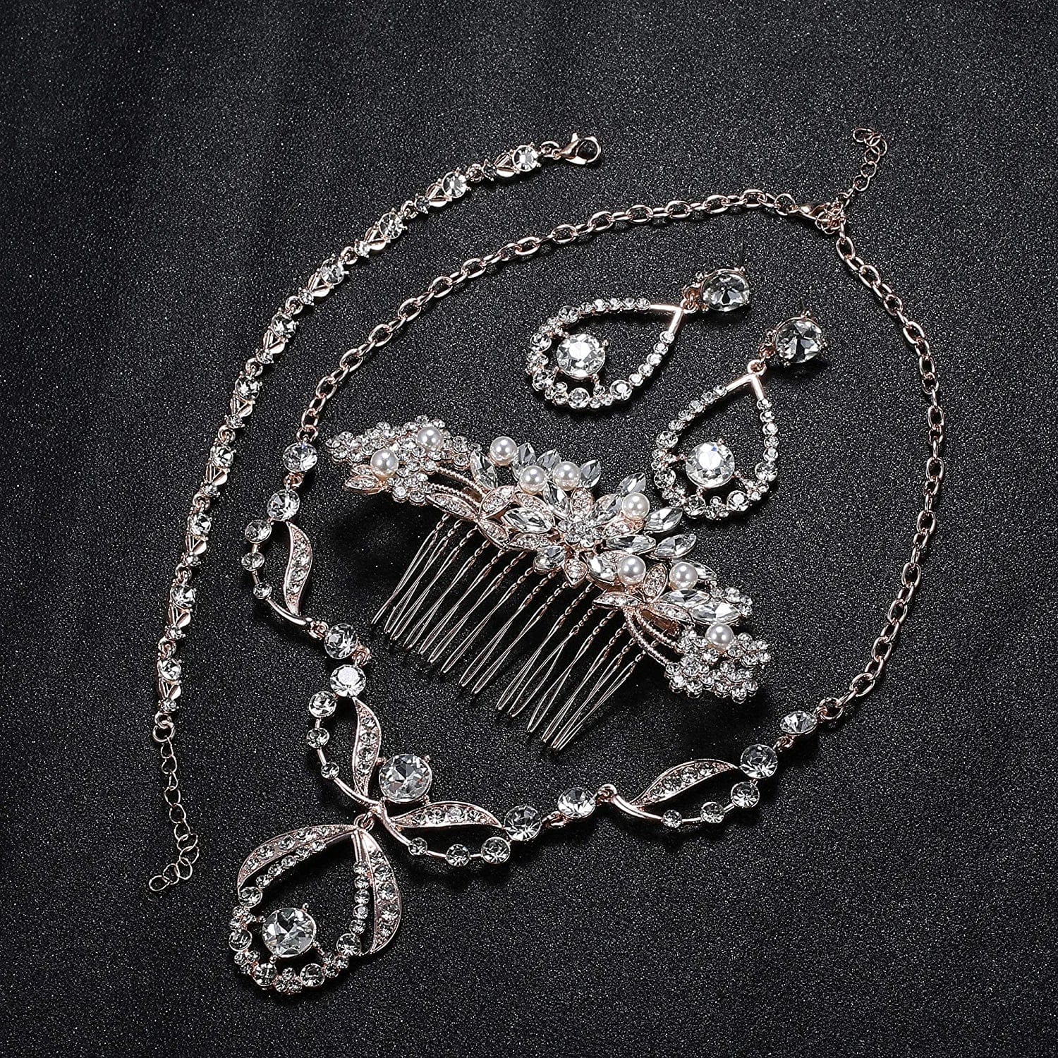 Crystal Bridal Jewelry Set for Prom Wedding Bride Bridesmaids Vintage Rhinestone Necklace Earrings Bracelet Comb for Women