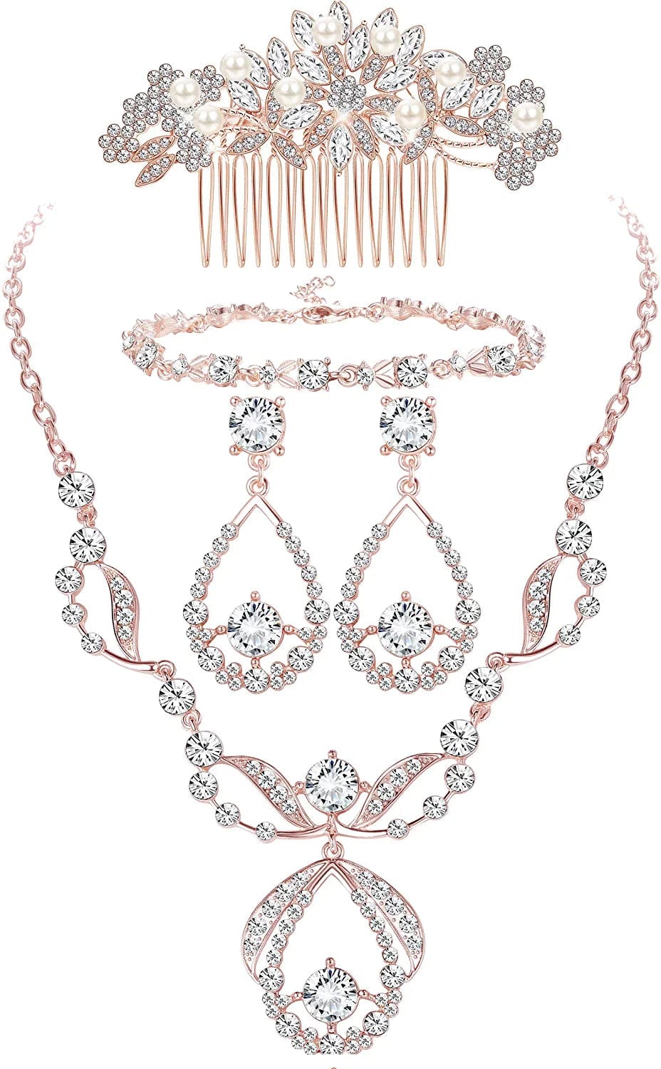 Crystal Bridal Jewelry Set for Prom Wedding Bride Bridesmaids Vintage Rhinestone Necklace Earrings Bracelet Comb for Women A:Rose Gold Tone
