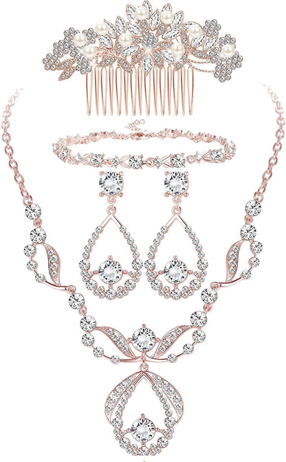 Crystal Bridal Jewelry Set for Prom Wedding Bride Bridesmaids Vintage Rhinestone Necklace Earrings Bracelet Comb for Women A:Rose Gold Tone