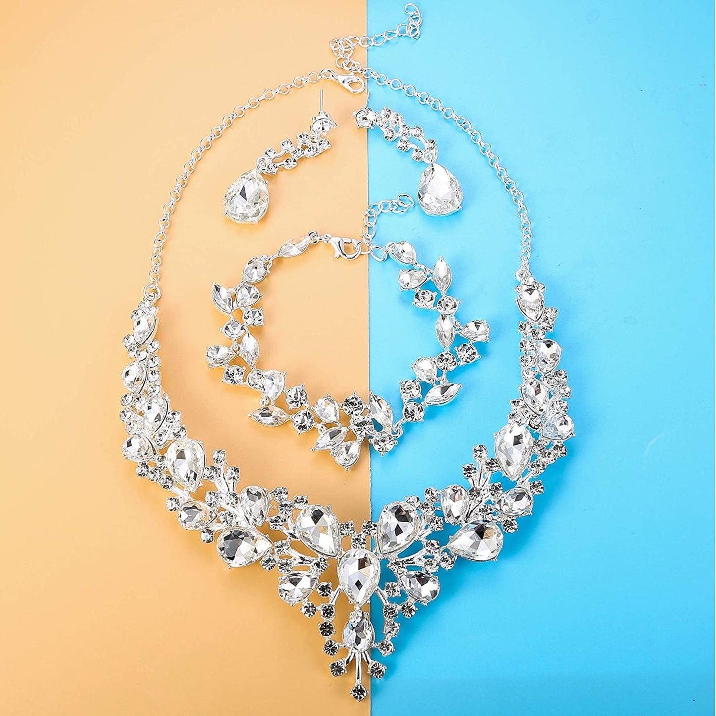 Crystal Bridal Jewelry Set for Women Rhinestone Necklace Earrings Bracelet Wedding Bridesmaid Gifts Fit with Wedding Dress Crystal Bridal Jewelry Set