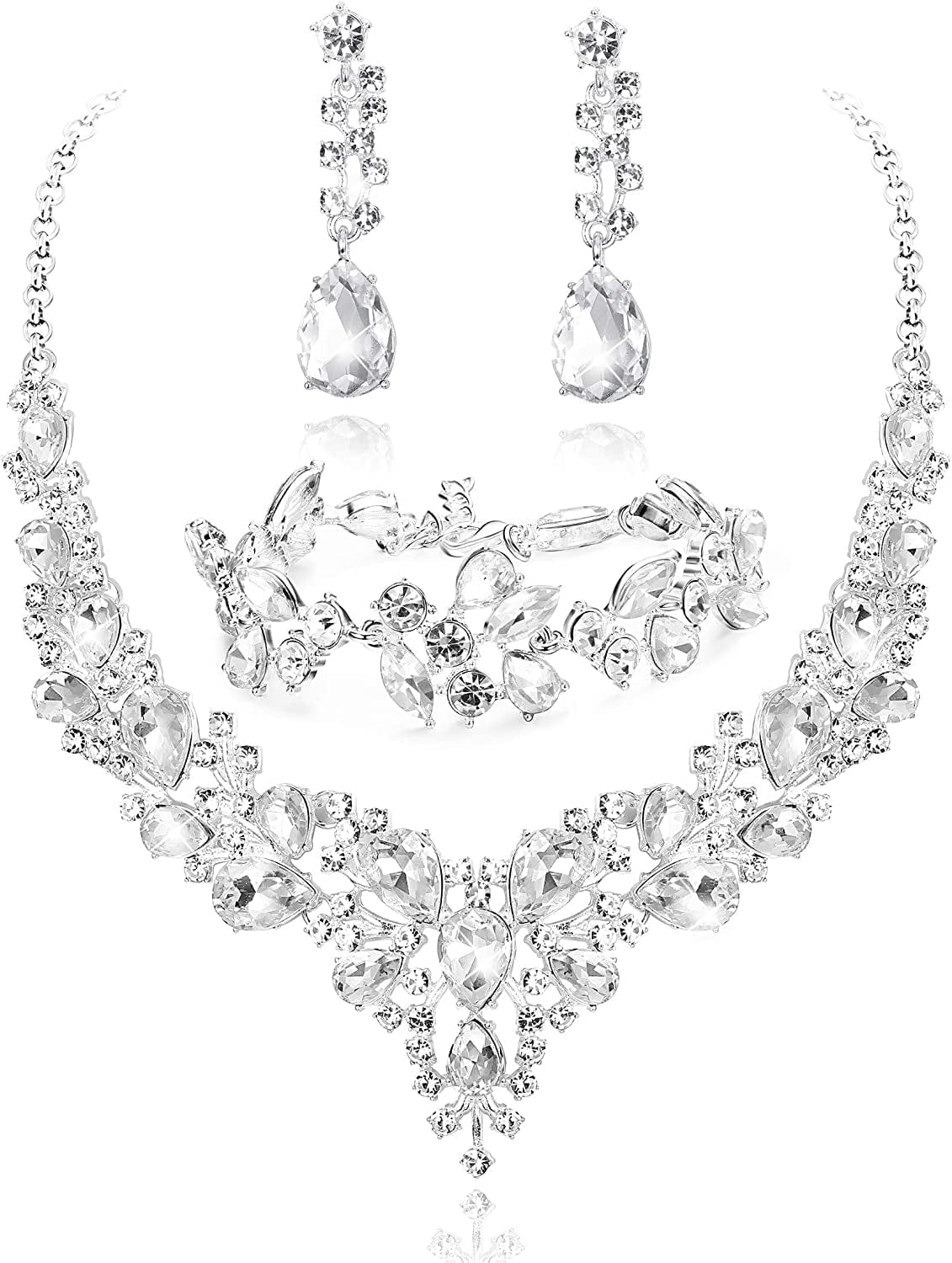 Crystal Bridal Jewelry Set for Women Rhinestone Necklace Earrings Bracelet Wedding Bridesmaid Gifts Fit with Wedding Dress Crystal Bridal Jewelry Set
