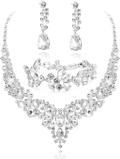 Crystal Bridal Jewelry Set for Women Rhinestone Necklace Earrings Bracelet Wedding Bridesmaid Gifts Fit with Wedding Dress Crystal Bridal Jewelry Set