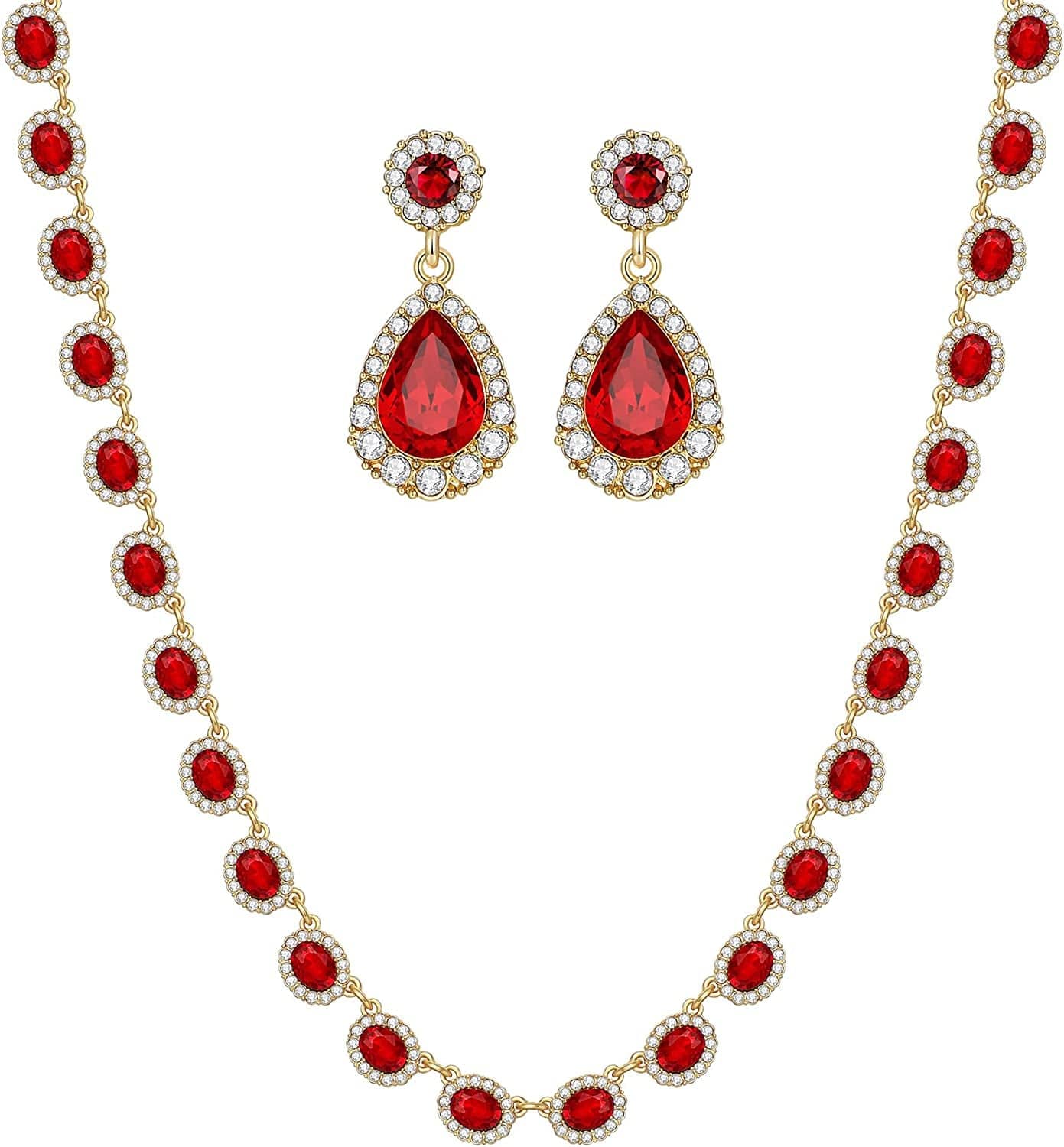 Crystal Bridal Jewelry Set Statement Choker Necklace Teardrop Dangle Earrings Set Rhinestone Wedding Jewelry Set for Women Bride Bridesmaid Gift Party Prom Jewelry Set Red