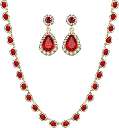 Crystal Bridal Jewelry Set Statement Choker Necklace Teardrop Dangle Earrings Set Rhinestone Wedding Jewelry Set for Women Bride Bridesmaid Gift Party Prom Jewelry Set Red