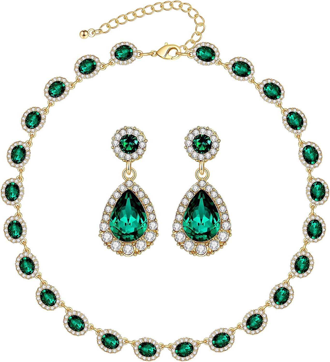Crystal Bridal Jewelry Set Statement Choker Necklace Teardrop Dangle Earrings Set Rhinestone Wedding Jewelry Set for Women Bride Bridesmaid Gift Party Prom Jewelry Set Green