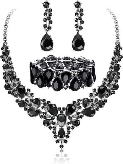 Crystal Bridal Jewelry Sets for Women Necklace Earrings Bracelet Set for Wedding Rhinestone Bridesmaid Gifts Fit with Wedding Dress C:3pcs-Black