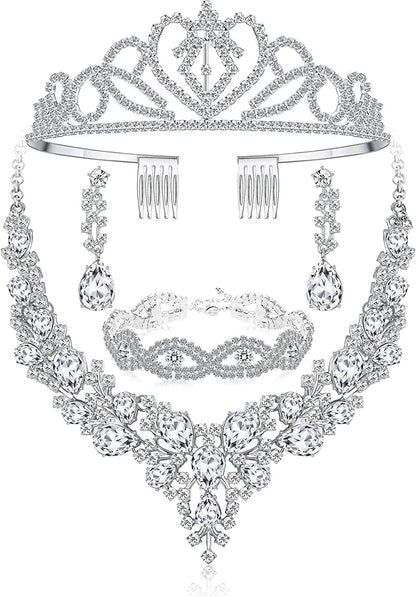 Crystal Bridal Jewelry Sets for Women Necklace Earrings Bracelet Set for Wedding Rhinestone Bridesmaid Gifts Fit with Wedding Dress D:4pcs-Silver