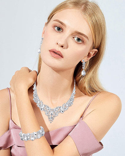 Crystal Bridal Jewelry Sets for Women Necklace Earrings Bracelet Set for Wedding Rhinestone Bridesmaid Gifts Fit with Wedding Dress
