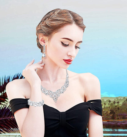 Crystal Bridal Jewelry Sets for Women Necklace Earrings Bracelet Set for Wedding Rhinestone Bridesmaid Gifts Fit with Wedding Dress