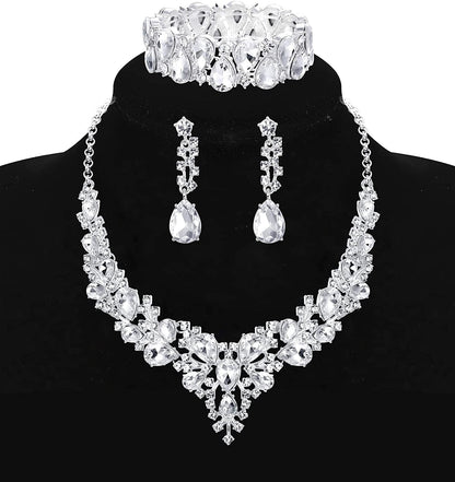 Crystal Bridal Jewelry Sets for Women Necklace Earrings Bracelet Set for Wedding Rhinestone Bridesmaid Gifts Fit with Wedding Dress
