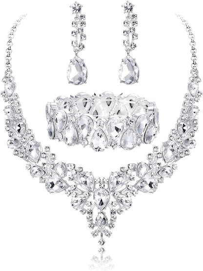 Crystal Bridal Jewelry Sets for Women Necklace Earrings Bracelet Set for Wedding Rhinestone Bridesmaid Gifts Fit with Wedding Dress A:3pcs-Silver Tone