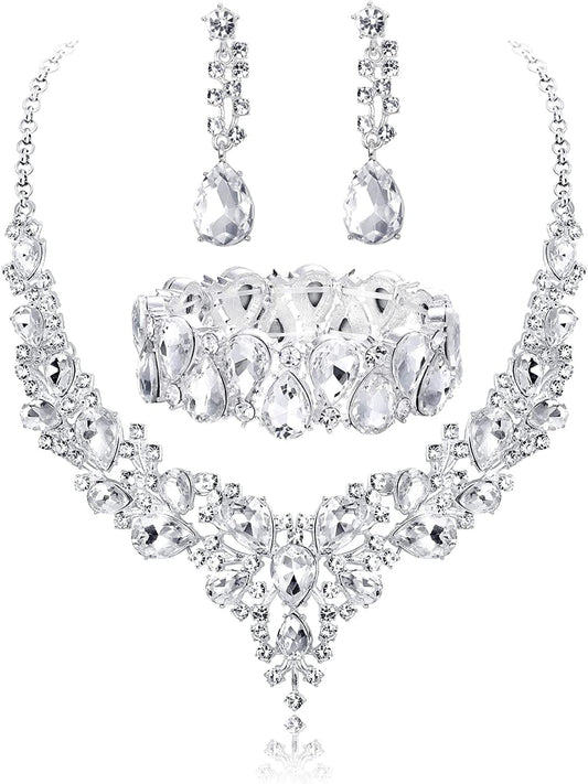 Crystal Bridal Jewelry Sets for Women Necklace Earrings Bracelet Set for Wedding Rhinestone Bridesmaid Gifts Fit with Wedding Dress A:3pcs-Silver Tone