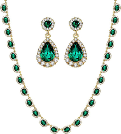 Crystal Jewelry Set for Women, Rhinestone Multicolor Zirconia Choker Necklace and Dangle Earring Sets Bride Bridesmaid Gift Party Prom Jewelry Set Green
