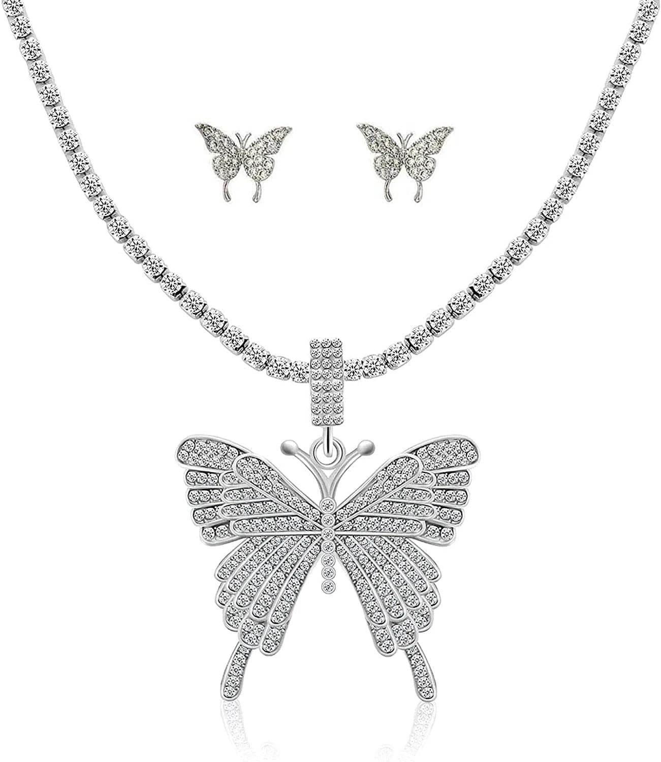 Crystal Necklace Choker Butterfly Necklaces for Women Rhinestone Chain Necklace Earrings Sets Butterflies Pendant Jewelry Set for Teen Girls (Set of 3) Silver