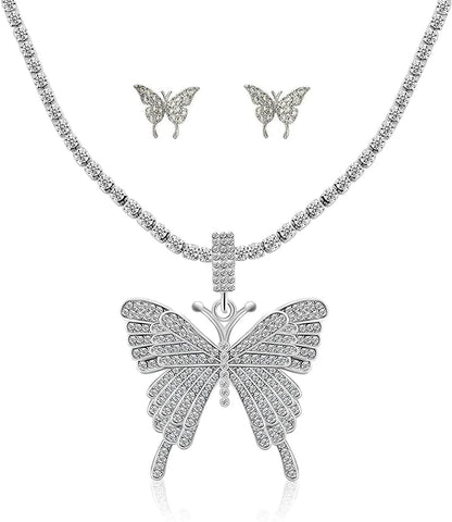 Crystal Necklace Choker Butterfly Necklaces for Women Rhinestone Chain Necklace Earrings Sets Butterflies Pendant Jewelry Set for Teen Girls (Set of 3) Silver