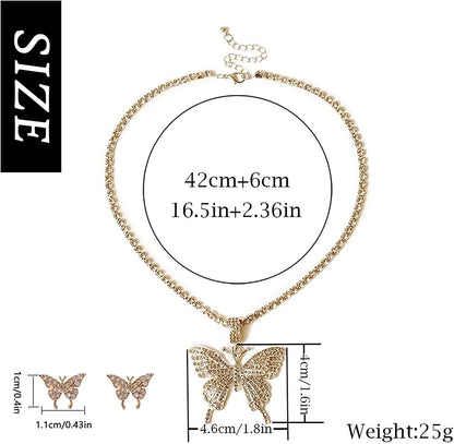 Crystal Necklace Choker Butterfly Necklaces for Women Rhinestone Chain Necklace Earrings Sets Butterflies Pendant Jewelry Set for Teen Girls (Set of 3)