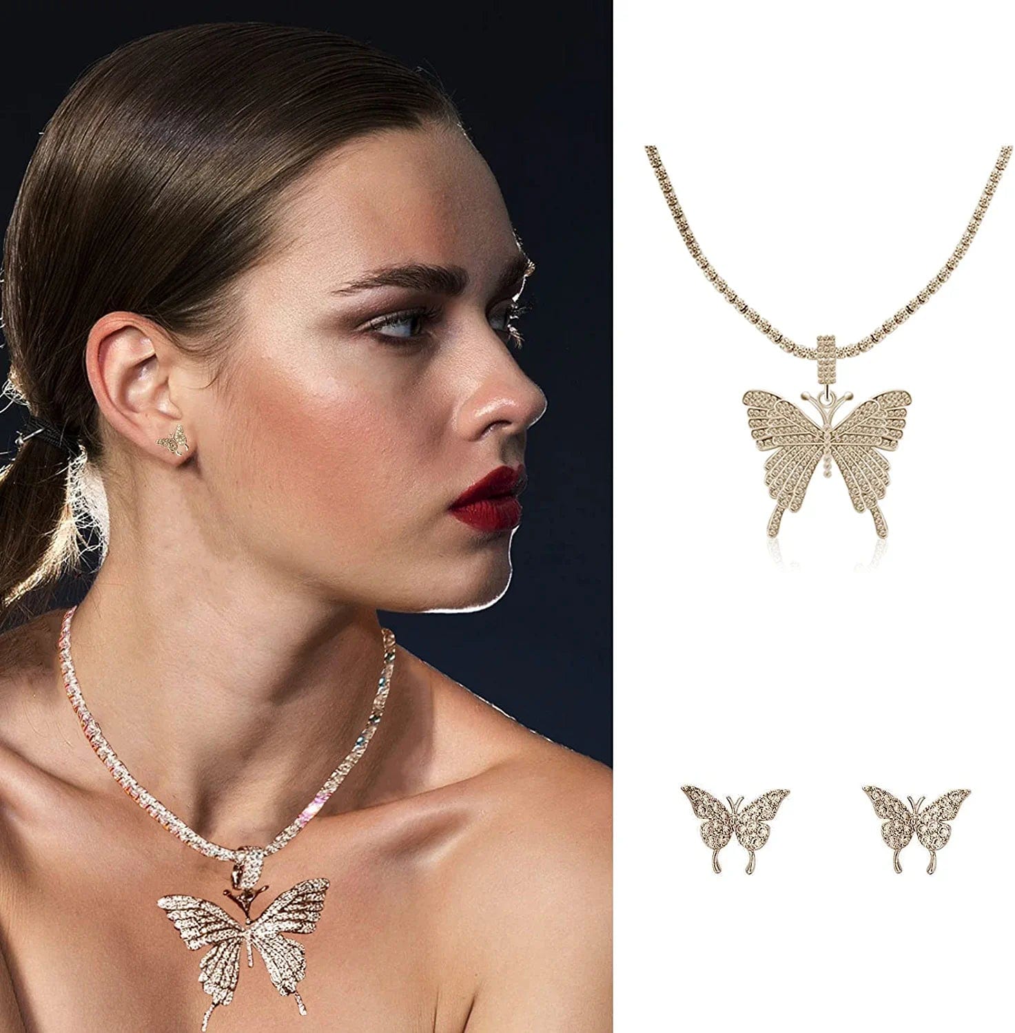 Crystal Necklace Choker Butterfly Necklaces for Women Rhinestone Chain Necklace Earrings Sets Butterflies Pendant Jewelry Set for Teen Girls (Set of 3)
