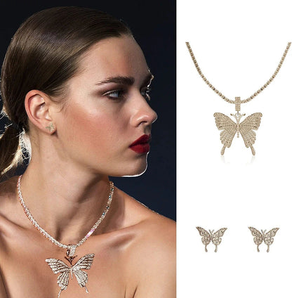 Crystal Necklace Choker Butterfly Necklaces for Women Rhinestone Chain Necklace Earrings Sets Butterflies Pendant Jewelry Set for Teen Girls (Set of 3)