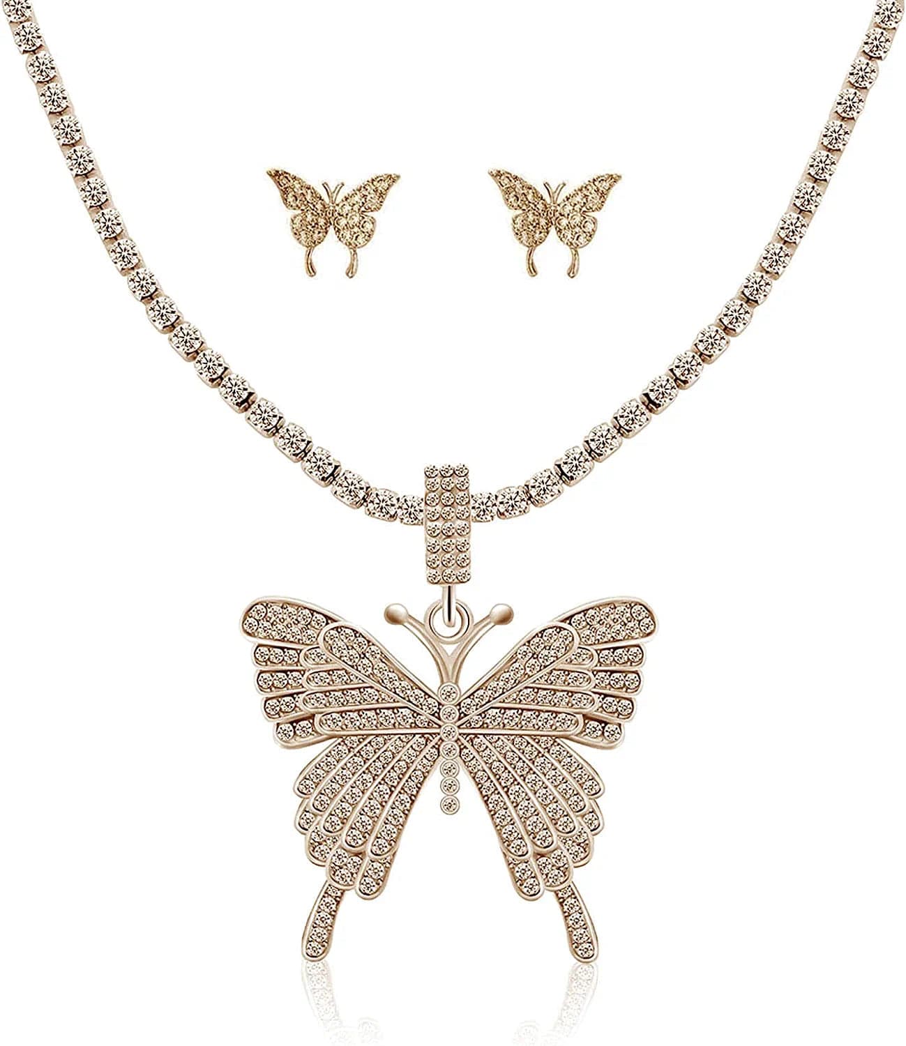Crystal Necklace Choker Butterfly Necklaces for Women Rhinestone Chain Necklace Earrings Sets Butterflies Pendant Jewelry Set for Teen Girls (Set of 3) Gold
