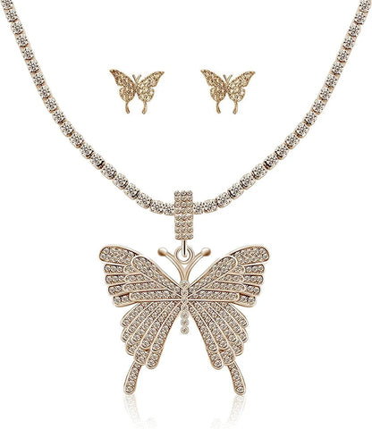 Crystal Necklace Choker Butterfly Necklaces for Women Rhinestone Chain Necklace Earrings Sets Butterflies Pendant Jewelry Set for Teen Girls (Set of 3) Gold