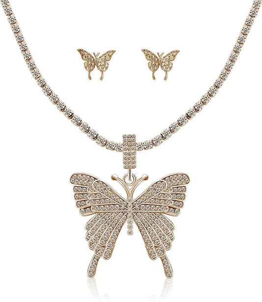 Crystal Necklace Choker Butterfly Necklaces for Women Rhinestone Chain Necklace Earrings Sets Butterflies Pendant Jewelry Set for Teen Girls (Set of 3) Gold