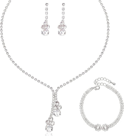 Crystal Necklace Earrings Bracelet Set Bridal Wedding Jewelry Sets Bride Bridesmaid Rhinestone Choker Prom Costume Jewelry Set for Women Girls Style 2