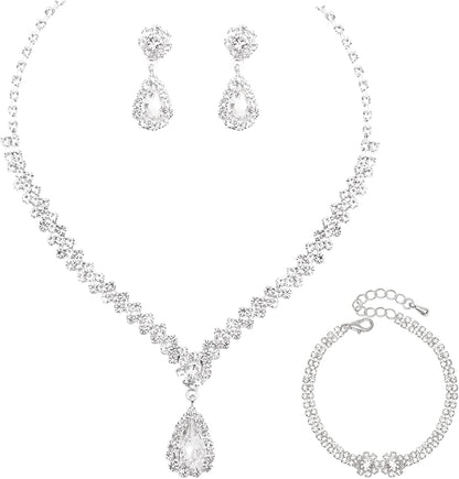 Crystal Necklace Earrings Bracelet Set Bridal Wedding Jewelry Sets Bride Bridesmaid Rhinestone Choker Prom Costume Jewelry Set for Women Girls Style 1