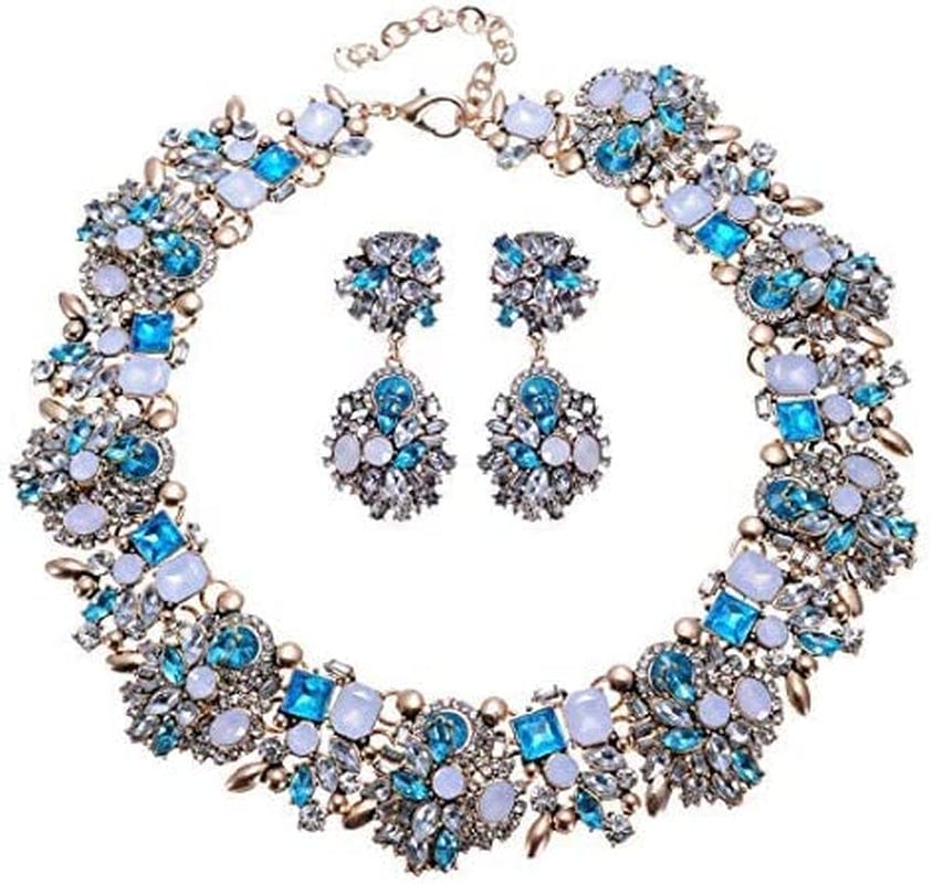 Crystal Rhinestone Statement Necklace, Vintage Chunky Chain Choker Collar Bib Statement Necklace Fashion Costume Jewelry Necklaces for Women… Blue