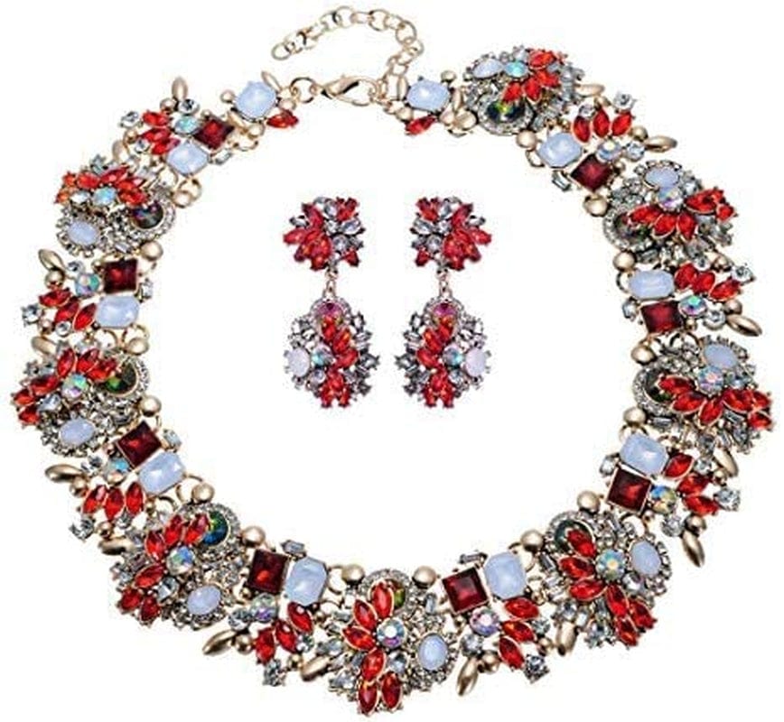 Crystal Rhinestone Statement Necklace, Vintage Chunky Chain Choker Collar Bib Statement Necklace Fashion Costume Jewelry Necklaces for Women… Red