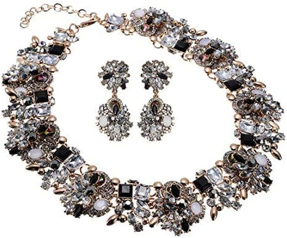 Crystal Rhinestone Statement Necklace, Vintage Chunky Chain Choker Collar Bib Statement Necklace Fashion Costume Jewelry Necklaces for Women… Black02