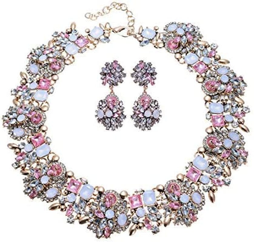 Crystal Rhinestone Statement Necklace, Vintage Chunky Chain Choker Collar Bib Statement Necklace Fashion Costume Jewelry Necklaces for Women… Pink