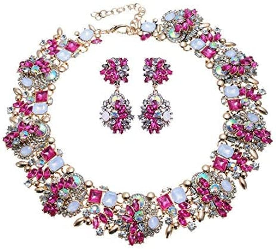 Crystal Rhinestone Statement Necklace, Vintage Chunky Chain Choker Collar Bib Statement Necklace Fashion Costume Jewelry Necklaces for Women… Rose
