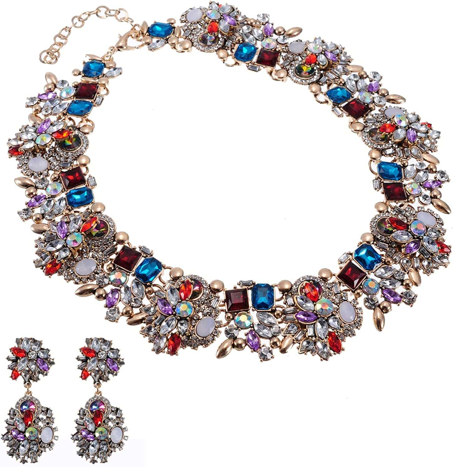 Crystal Rhinestone Statement Necklace, Vintage Chunky Chain Choker Collar Bib Statement Necklace Fashion Costume Jewelry Necklaces for Women… Red&Blue