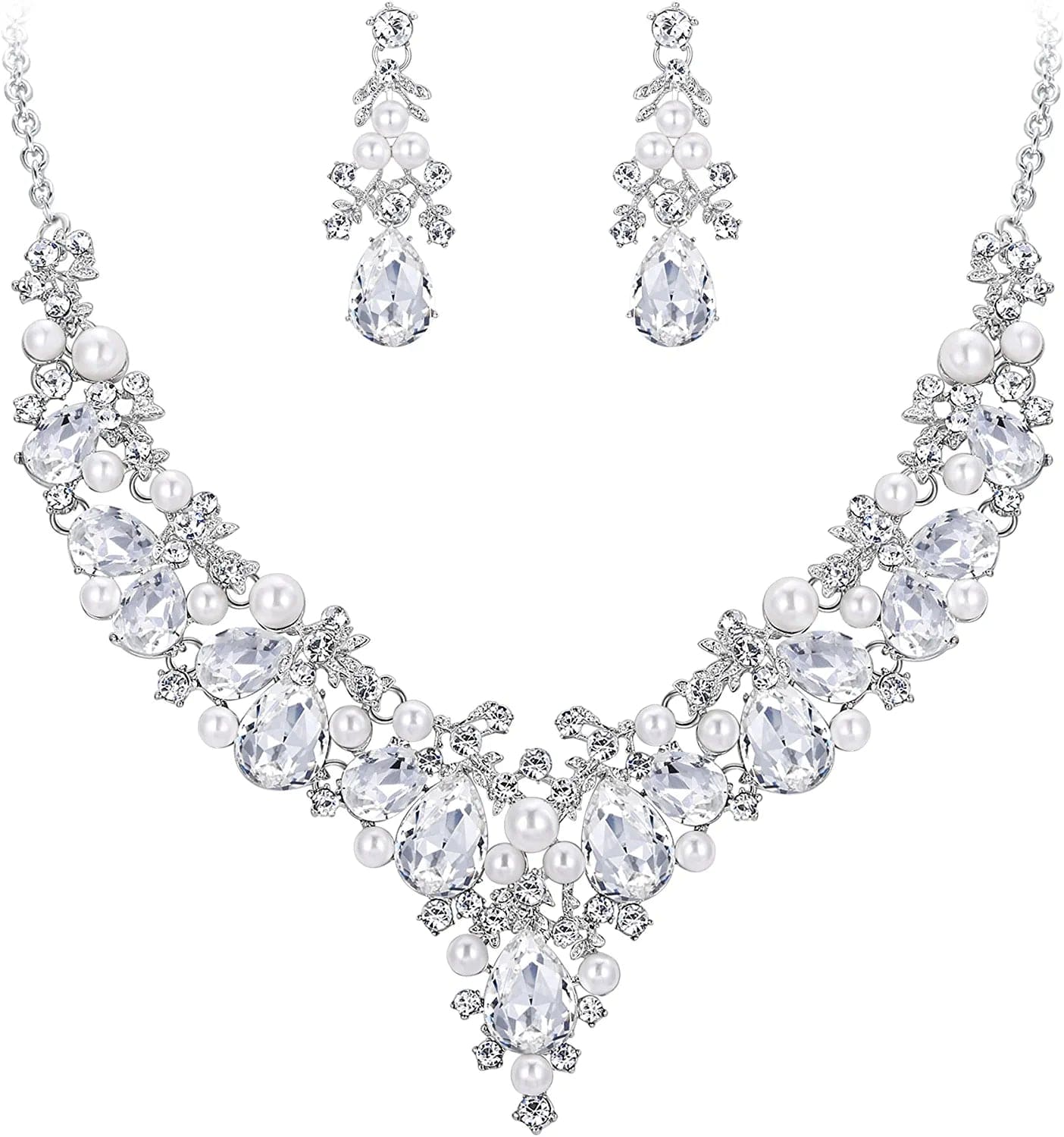 Crystal Simulated Pearl Gorgeous Bridal Leaf Teardrop Necklace Earrings Set Clear Silver-Tone