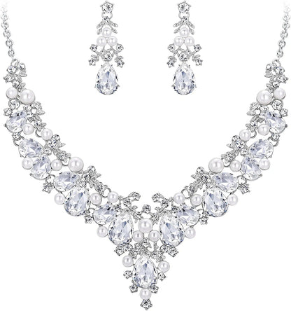 Crystal Simulated Pearl Gorgeous Bridal Leaf Teardrop Necklace Earrings Set Clear Silver-Tone