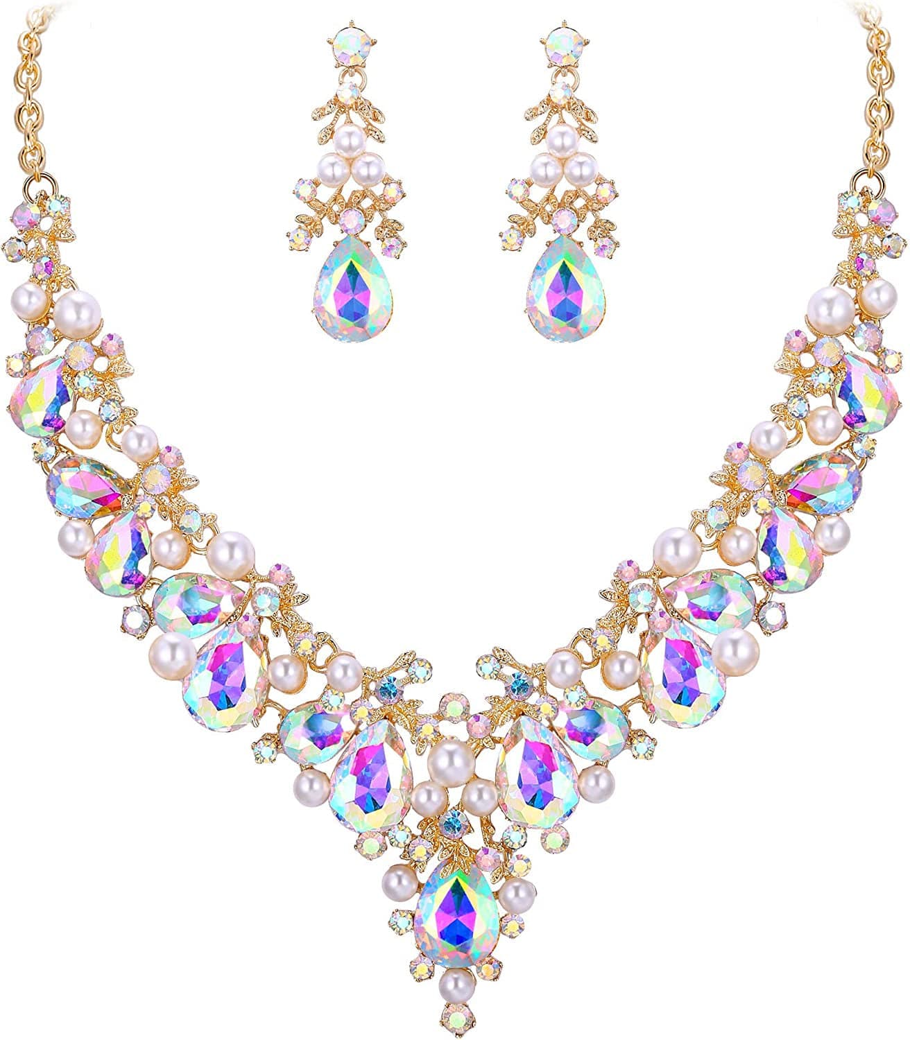 Crystal Simulated Pearl Gorgeous Bridal Leaf Teardrop Necklace Earrings Set Iridescent Clear AB Gold-Tone